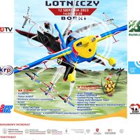 Plakat przedstawiający grafike samolotu - piknik lotniczy 12 sierpnia 14:00 - 23:30 Borki