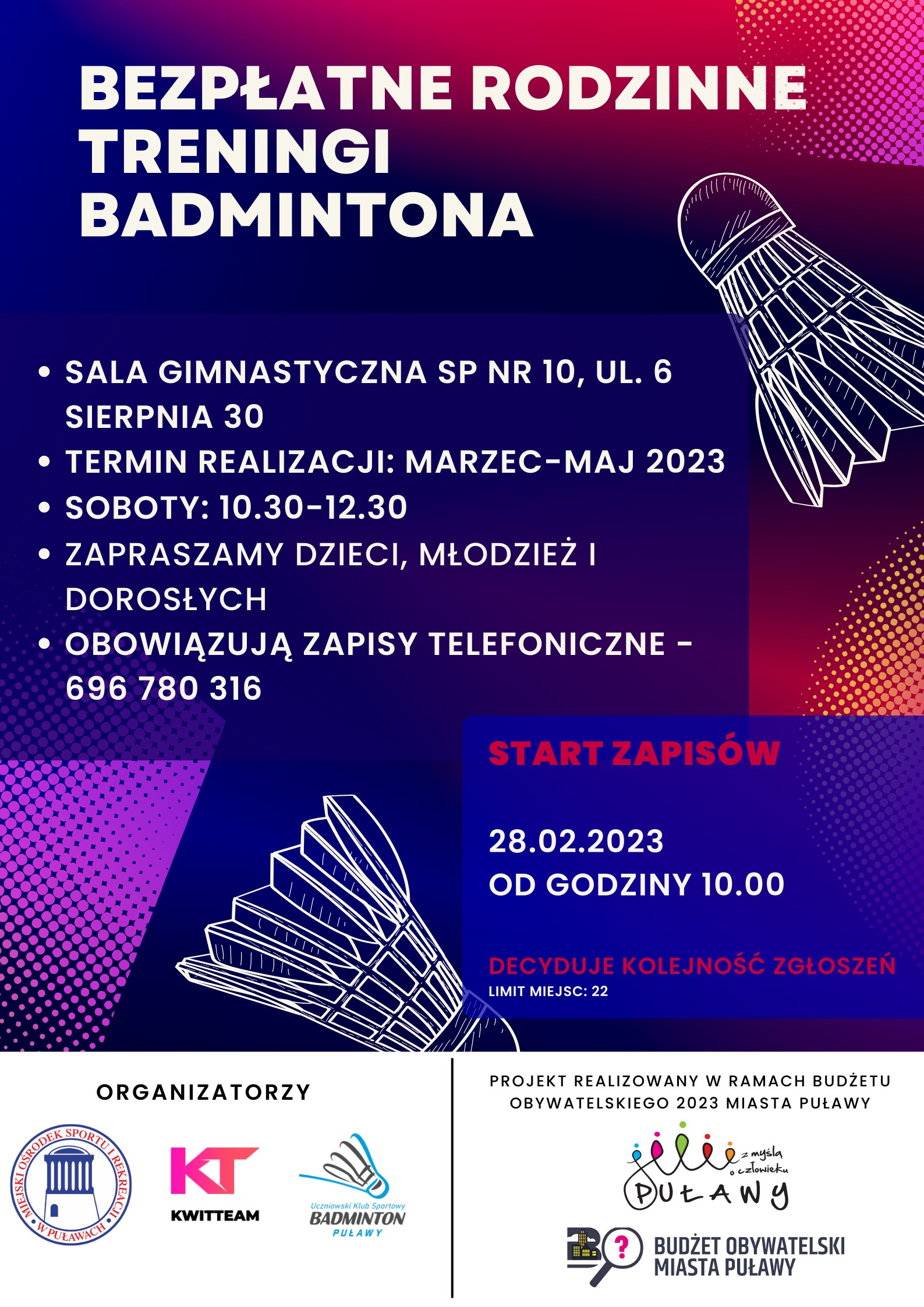 Plakat - bezpłatne rodzinne treningi badmintona.jpg